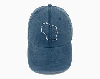 Wisconsin (WI) State Outline Embroidered Pigment-Dyed Baseball Cap - Adult Unisex & Kids Sizing