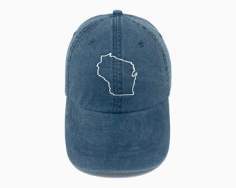Wisconsin (WI) State Outline Embroidered Pigment-Dyed Baseball Cap