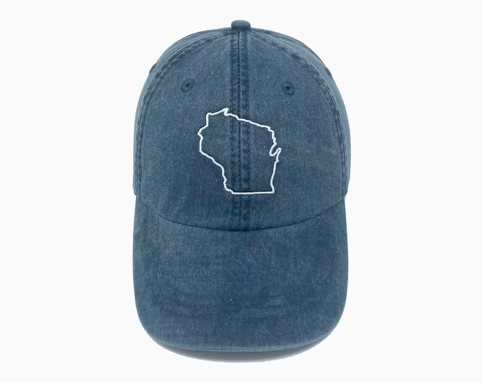 Wisconsin (WI) State Outline Embroidered Pigment-Dyed Baseball Cap - ADULT SIZING