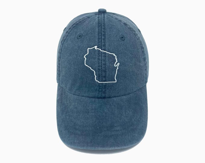 Wisconsin (WI) State Outline Embroidered Pigment-Dyed Baseball Cap