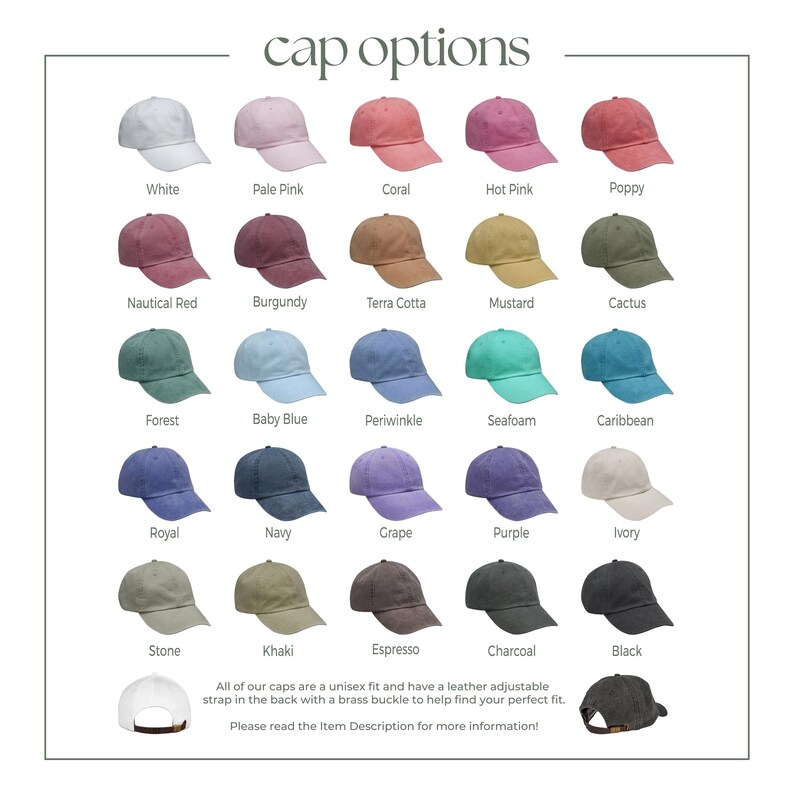 May include: A selection of baseball caps in a range of colours, such as white, pink, red, green, and black. The image shows the different colour choices, with the text "cap options" at the top. Each cap has a leather adjustable strap.