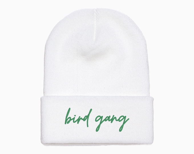 Bird Gang Embroidered Cuffed Knit Beanie/Winter Hat (MoonTime Font) - Adult Unisex