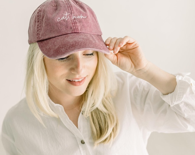 Cat Mom Embroidered Pigment-Dyed Baseball Cap (MoonTime Font)