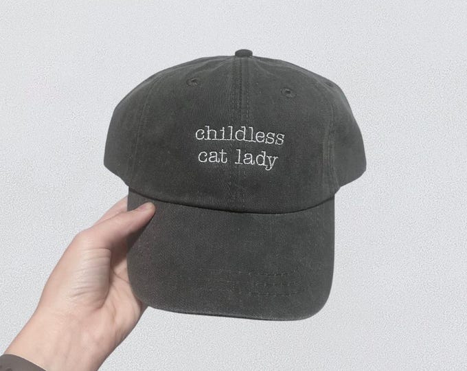 Childless Cat Lady | Kamala Harris | 2024 Debate Embroidered Pigment-Dyed Baseball Cap (Typewriter Font) - ADULT SIZING
