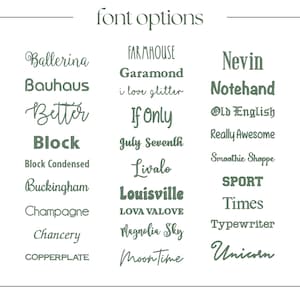 May include: A list of font names in various styles, including Ballerina, Bauhaus, Better, Block, Block Condensed, Buckingham, Champagne, Chancery, Copperplate, Farmhouse, Garamond, I love glitter, If Only, July Seventh, Livalo, Louisville, LOVA VALOVE, Magnolia Sky, Moontime, Nevin, Notehand, Old English, Really Awesome, Smoothie Shoppe, SPORT, Times, Typewriter, and Unicorn.