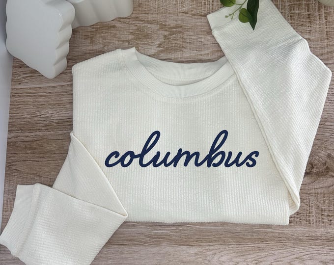 Columbus Embroidered Corduroy Crewneck Pullover - ADULT UNISEX SIZING