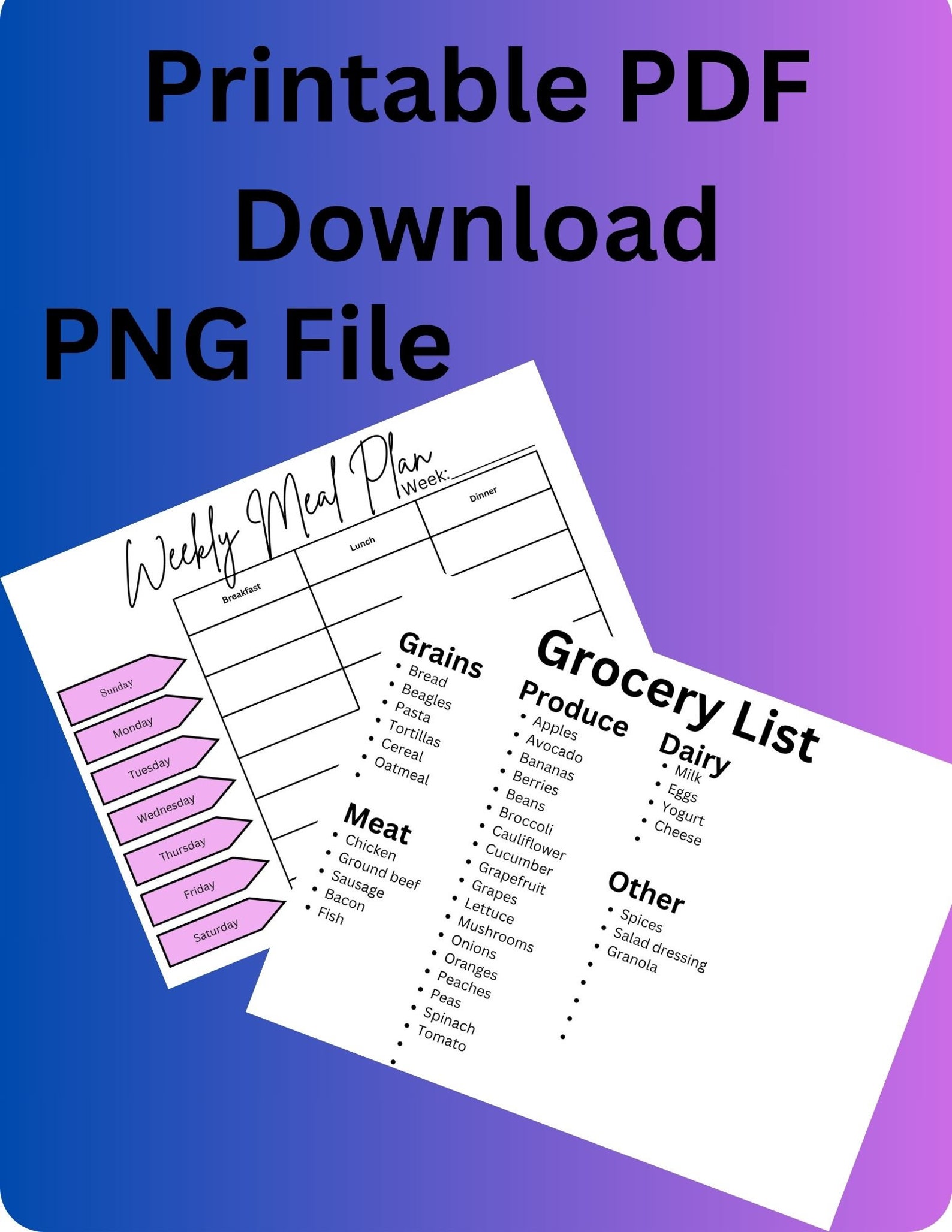 Weekly Meal Plan Grocery List - Etsy