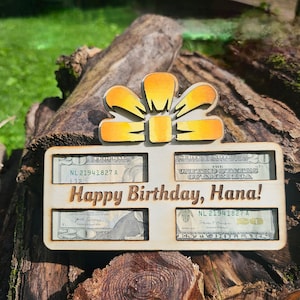 Porte-monnaie en bois d'anniversaire personnalisé/Enveloppe en espèces de joyeux anniversaire Boîte cadeau Noeud de ruban/Cadeau personnalisé fabriqué aux États-Unis/Porte-caisse en dollars