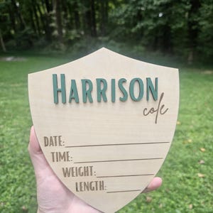 May include: A wooden shield-shaped sign with the name "Harrison" in green raised letters and the name "Cole" in cursive. The sign includes lines for date, time, weight, and length. The sign is held in front of a green background.