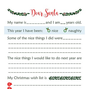 Querido Santa Carta, cartas a Papá Noel, Bonita lista, cartas de Papá Noel imprimibles, Cartas de Papá Noel descargables