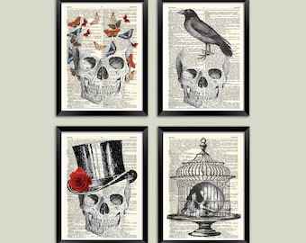 Skull Prints: Gothic Death Themed Art, Printed on Vintage Dictionary Pages