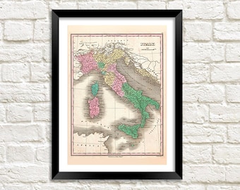 Impresión de mapa de Italia: obra de arte del Atlas italiano de época