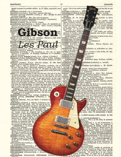 Guitar Print: Gibson Les Paul Art, Printed on Vintage Dictionary