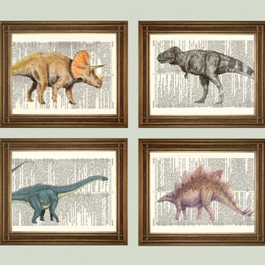 Dinosaur Prints: T-Rex, Triceratops, Stegosaurus, Brachiosaurus Art, Printed on Vintage Dictionary Pages
