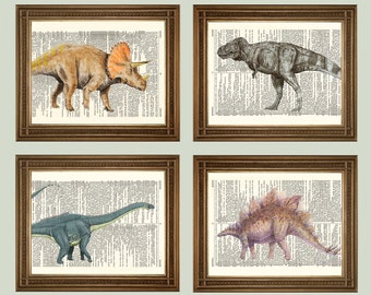 Dinosaur Prints: T-Rex, Triceratops, Stegosaurus, Brachiosaurus Art, Printed on Vintage Dictionary Pages