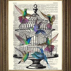 Hummingbirds Print: Original Art, Printed on Vintage Dictionary Pages