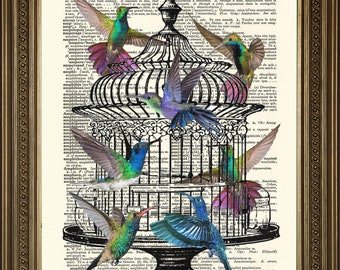 Hummingbirds Print: Original Art, Printed on Vintage Dictionary Pages