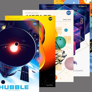 Pósteres de la NASA: Telescopios espaciales del Observatorio: ilustraciones de Hubble, TESS, Webb, Kepler y Spitzer