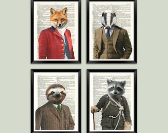 Animal Art Prints: Fun Creatures Printed on Vintage Dictionary Pages