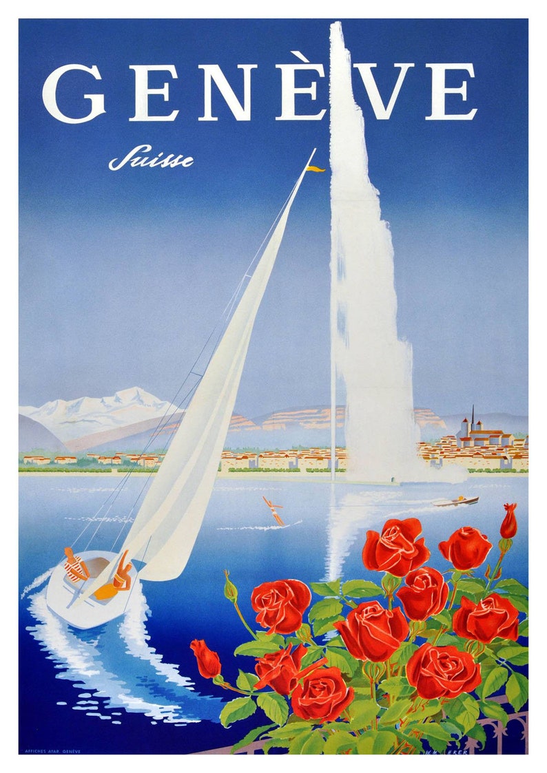 Geneva Poster Vintage Lake Geneve Swiss Travel Print Etsy