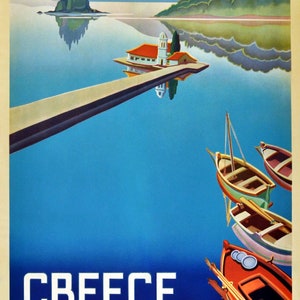 May include: A vintage travel poster advertising Greece, featuring a picturesque island with a church and a small village. The poster has a blue background with a white text overlay that reads "GREECE ISLAND OF CORFU".