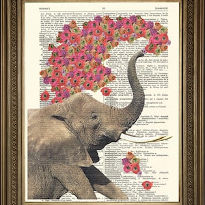 Olifantprint: leuke dierenkunst, gedrukt op vintage woordenboekpagina&#39;s