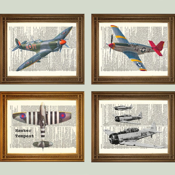 World War 2 Airplane Prints: Mustang, Tempest, Douglas, Spitfire, Printed on Vintage Dictionary Pages