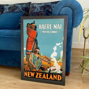 New Zealand Print: Vintage Kiwi Haere Mai Welcome Travel Poster