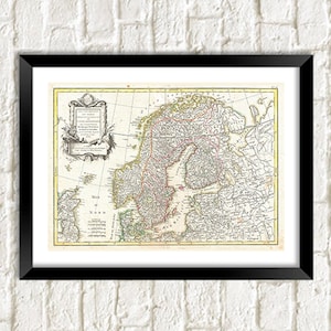 Impression de carte de la Scandinavie : oeuvre d'art vintage de l'Atlas de la Suède, de la Norvège, de la Finlande, du Danemark