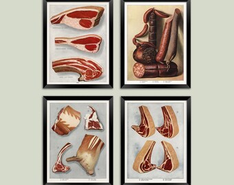 Meat Poster: Steak, Sausage, Ribs, Lamb Art Prints from Vintage Grocer's Encyclopedia