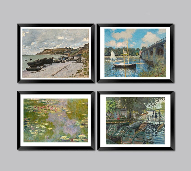 May include: A set of four framed paintings depicting various scenes of water and boats. The top left painting shows a beach with boats and a distant town. The top right painting shows a bridge over a river with a sailboat. The bottom left painting shows a pond with water lilies. The bottom right painting shows a river with boats and people on a dock.