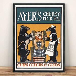 Tre björnar affisch: Vintage hostmedicin Wellness annonstryck