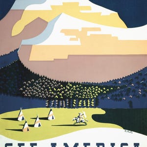 Op de afbeelding: Een vintage reisposter met een gestileerde illustratie van een bergketen, een bos en een indiaan te paard. De poster bevat de tekst "See America Welcome to Montana U.S. Travel Bureau".