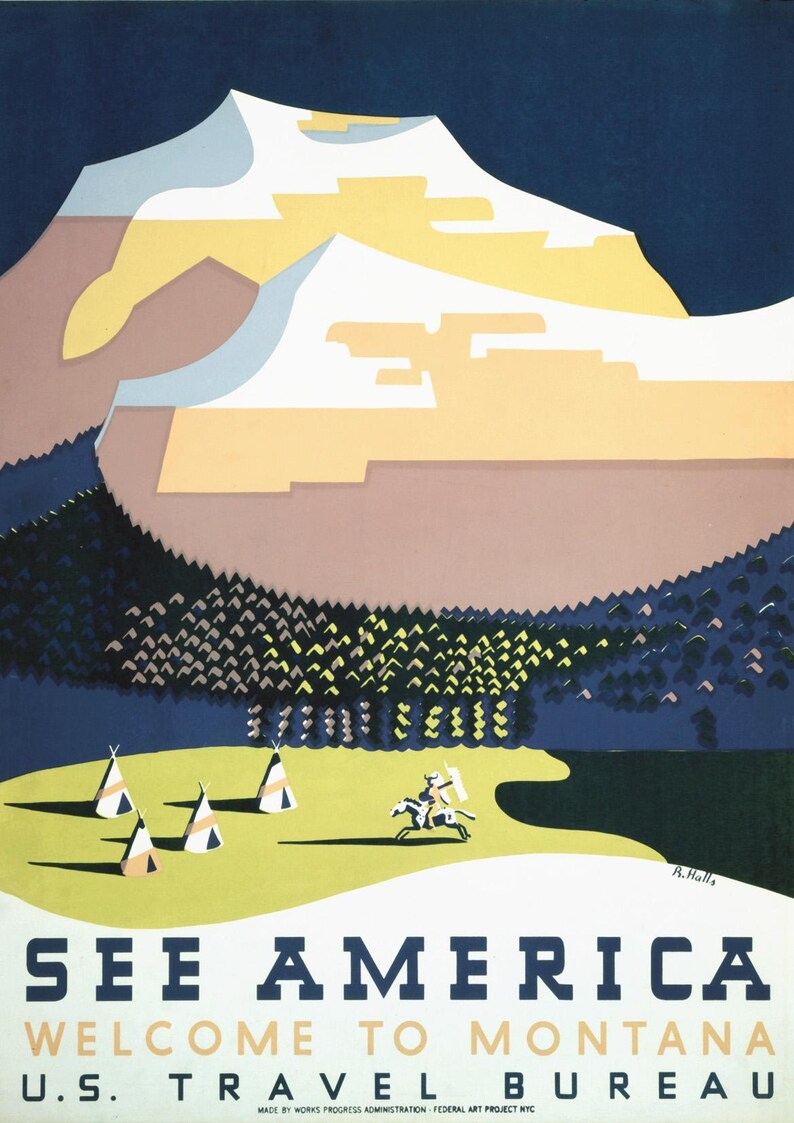 Op de afbeelding: Een vintage reisposter met een gestileerde illustratie van een bergketen, een bos en een indiaan te paard. De poster bevat de tekst "See America Welcome to Montana U.S. Travel Bureau".
