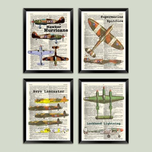 World War 2 Aircraft Prints: Spitfire, Hurricane, Lancaster, Lightning Airplanes Art, Printed on Vintage Dictionary Pages