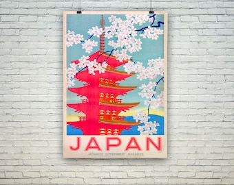 Japan Travel Poster: Vintage Pink Temple Tourism Print