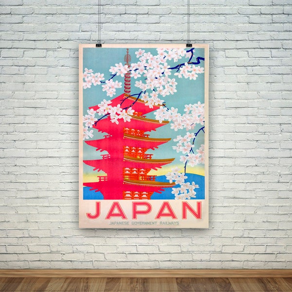 Japan Travel Poster: Vintage Pink Temple Tourism Print