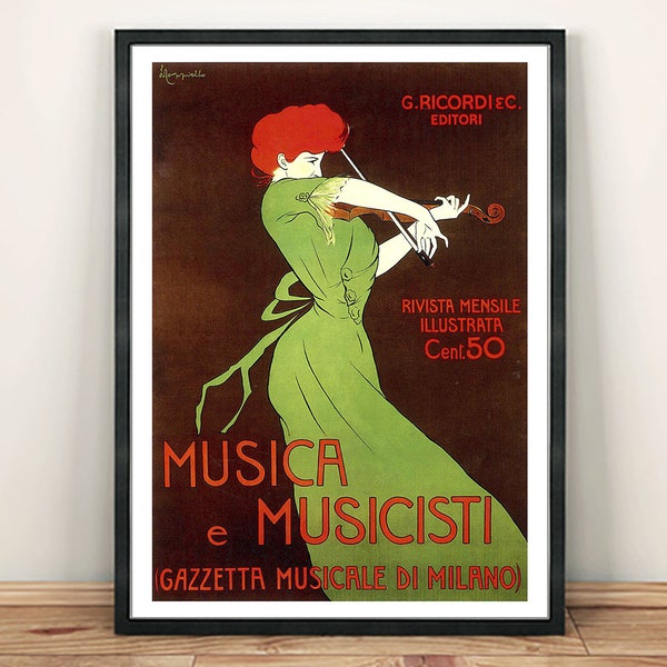 Impression de musique et de musiciens : affiche vintage de publicité de gazette de femme de violon