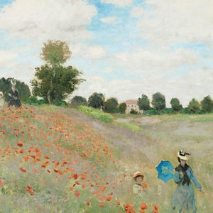 May include: A painting of a field of red poppies with two figures walking in the distance. The figures are wearing hats and one is holding a blue umbrella. The field is surrounded by trees and a house in the background.