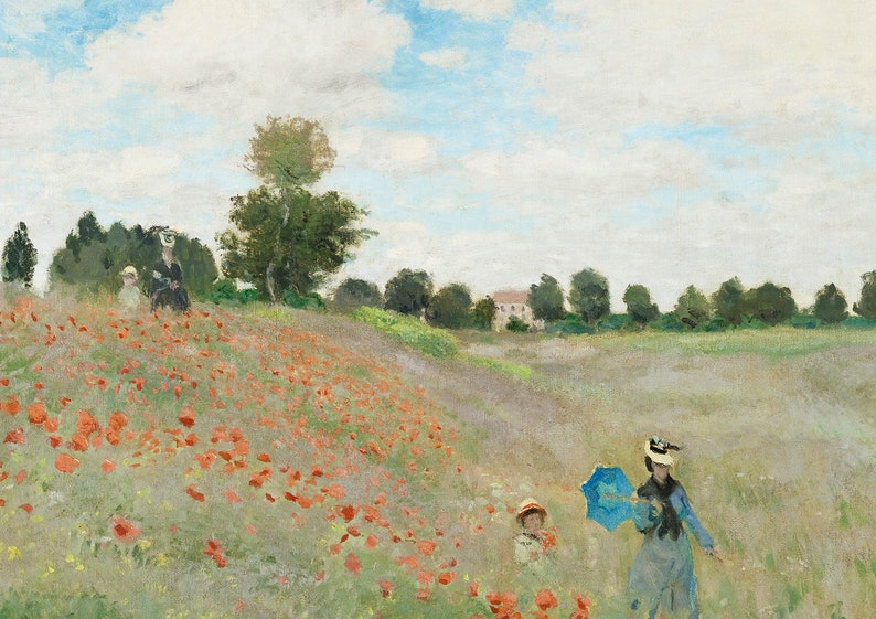 May include: A painting of a field of red poppies with two figures walking in the distance. The figures are wearing hats and one is holding a blue umbrella. The field is surrounded by trees and a house in the background.