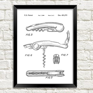 Corkscrew Patent Print: Bottle Opener Wine Blueprint Art