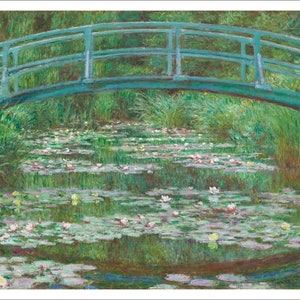 May include: A painting of a green bridge over a pond with water lilies. The bridge is made of wood and has a railing. The pond is filled with water lilies and other plants. The painting is done in a style that is typical of Impressionism.