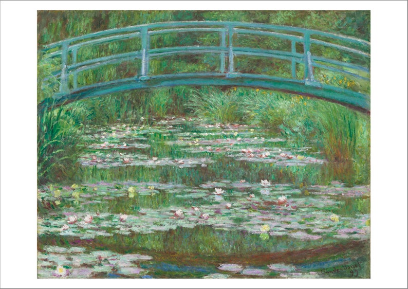 May include: A painting of a green bridge over a pond with water lilies. The bridge is made of wood and has a railing. The pond is filled with water lilies and other plants. The painting is done in a style that is typical of Impressionism.