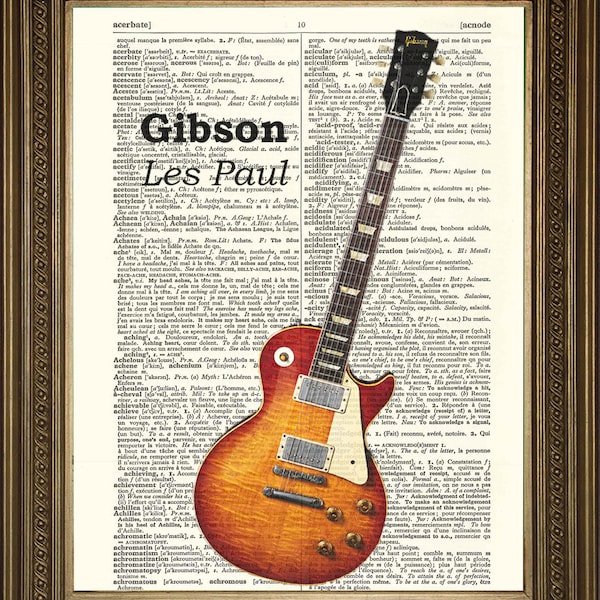 Guitar Print: Gibson Les Paul Art, Printed on Vintage Dictionary Page