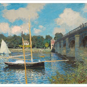 May include: A painting of a bridge over a river with two sailboats in the water. The sky is blue with white clouds. The bridge is made of stone and has arches. The sailboats are white and have yellow masts. The water is blue and reflects the sky and clouds.