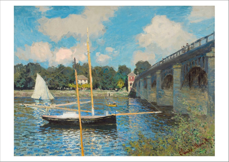 May include: A painting of a bridge over a river with two sailboats in the water. The sky is blue with white clouds. The bridge is made of stone and has arches. The sailboats are white and have yellow masts. The water is blue and reflects the sky and clouds.