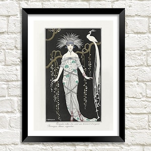 George Barbier Print: La Grande Robe Fashion Art Illustration with White Peacock