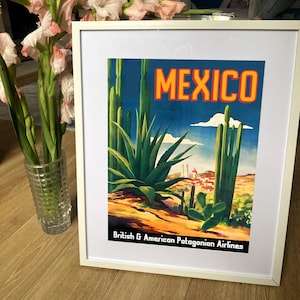 Mexiko Poster: Vintage Fluglinie Kaktus Reiseplakat