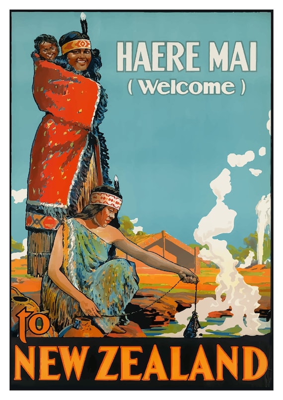 New Zealand Print: Vintage Kiwi Haere Mai Welcome Travel Poster - Etsy