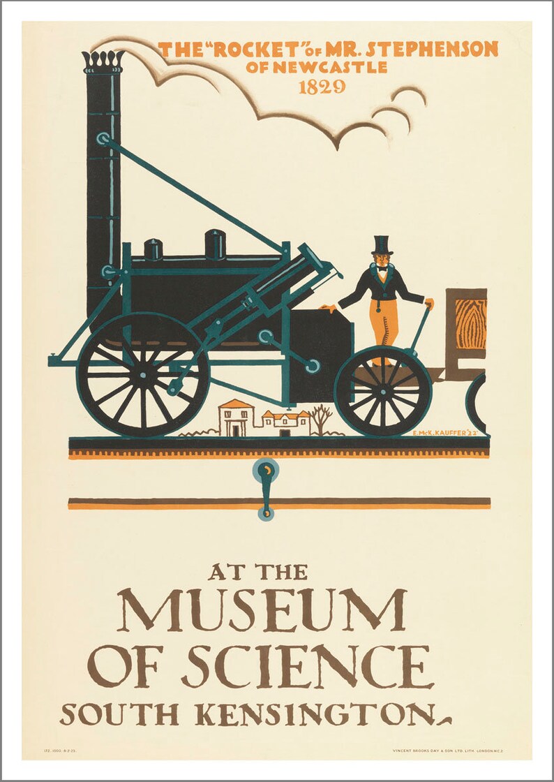 May include: A vintage poster advertising the "Rocket" steam locomotive, designed by George Stephenson in 1829, on display at the Museum of Science in South Kensington, London. The poster features a colorful illustration of the locomotive with a man standing next to it.